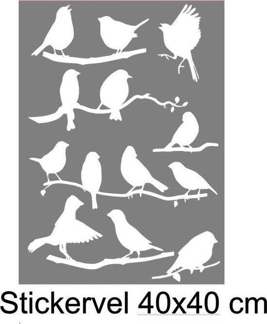 Raam / muur stickers vrolijke vogels op 3  takken Decoratie - Ramen - Overkapping  - Serre - Muren - Spiegels 40 cm x 40 cm bxh kleur wit