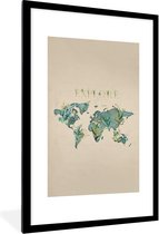 Fotolijst incl. Poster - Wereldkaart - Turquoise - Planten - 60x90 cm - Posterlijst