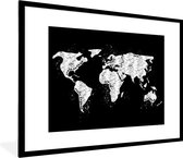 Affiche avec cadre Wereldkaart - Marbre - Zwart - Wit - 80x60 cm