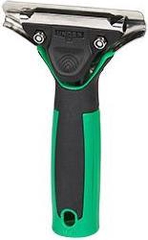 Een raamwisser met een zilverkleurig metalen blad, groen met zwart handvat en het Unger-logo.