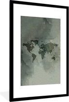 Fotolijst incl. Poster - Wereldkaart - Aquarelverf - Groen - Grijs - 80x120 cm - Posterlijst