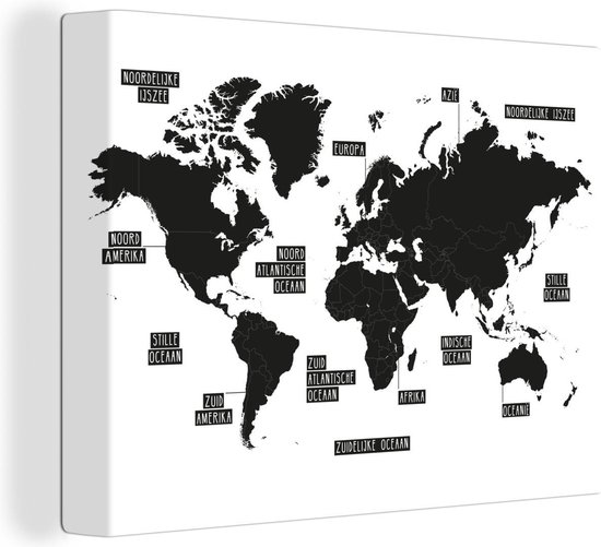Canvas zwart wit - Wereldkaart - Continenten - Oceanen - Zwart Wit - Foto op canvas - Canvas print - Wanddecoratie - 40x30 cm