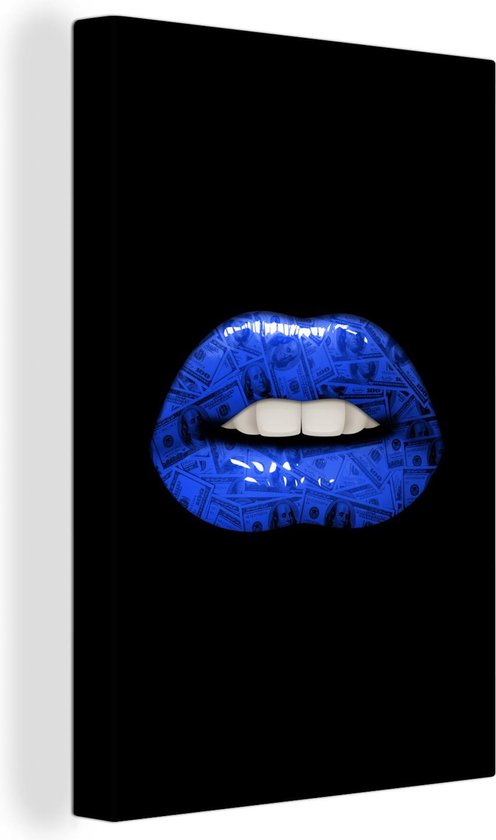 Canvas schilderij 40x60 cm - Wanddecoratie Lippen - Geld - Blauw - Muurdecoratie woonkamer - Slaapkamer decoratie - Kamer accessoires - Schilderijen op canvas