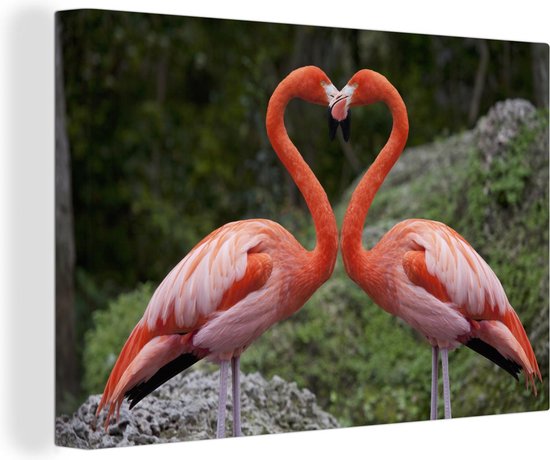 Canvas Schilderij Twee flamingo's vormen een hart - Wanddecoratie