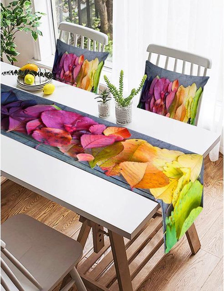 De Groen Home Set - Bedrukt textiel Tafelloper en kussenhoes - Gekleurde bladeren