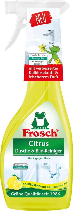 Frosch Citrus douche- en badreiniger met verbeterde kalkverwijderende kracht en frissere geur, in gele fles met groene en witte etiketten.