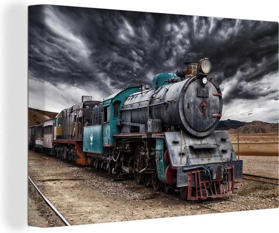 Donkere wolken boven de stoomlocomotief Canvas 90x60 cm - Foto print op Canvas schilderij (Wanddecoratie woonkamer / slaapkamer)