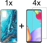 Samsung A72 Hoesje - Samsung Galaxy A72 Hoesje Marmer Donkerblauw Oceaan Print Siliconen Case - 4x Samsung A72 Screenprotector