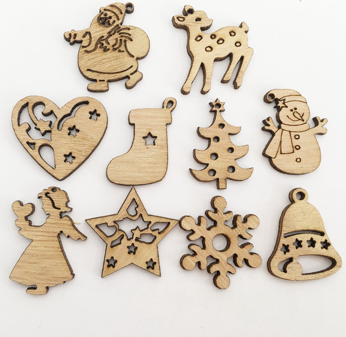 decoratie figuurtjes Kerst met ophangoogje hout 10 stuks