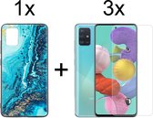 Samsung A51 Hoesje - Samsung Galaxy A51 Hoesje Marmer Donkerblauw Oceaan Print Siliconen Case - 3x Samsung A51 Screenprotector