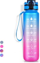LaCardia Motivatie Waterfles blauw roze - 1 liter drinkfles - Waterfles met tijdmarkering - blauw + roze