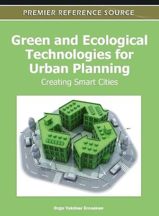 Boekomslag getiteld Green and Ecological Technologies for Urban Planning met een groen recycling-symbool van gebouwen.
