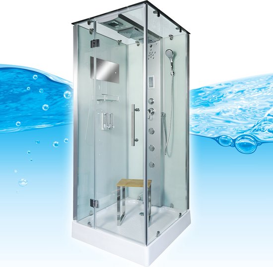 Stoomcabine 90X90X215 Monza. Luxe Stoomdouche, THERMOSTAATKRAAN Uitvoering, Kit-Vrij, Wit, Veiligheidsglas, LED, Radio, Speakers, Massage, Hoekmodel, Vierkant, Scharnierdeur, Douchebak, Afvoer, Sifon, A Kwaliteit, Full Options. Royal Sanitair