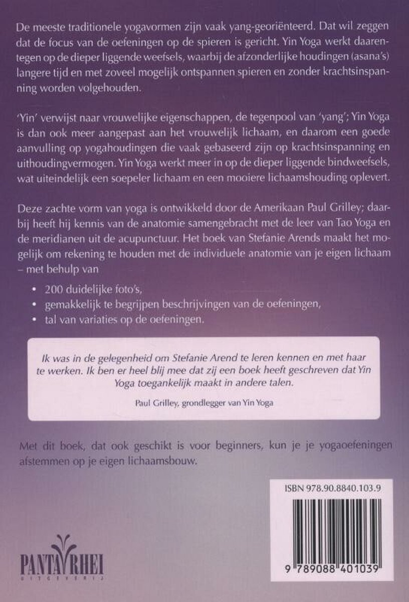 Achterkant boek 'Yin Yoga', met tekst over de inhoud, een quote van Paul Grilley, en ISBN.