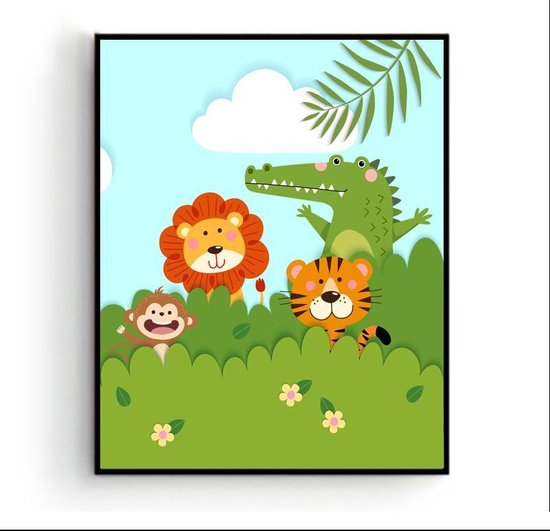 Poster Dieren in de bosjes Beer Aapje Leeuw Tijger Krokodil Rechts - Kinderkamer - Dierenposter - Babykamer / Kinderposter - Babyshower Cadeau - Muurdecoratie - 40x30cm - Postercity