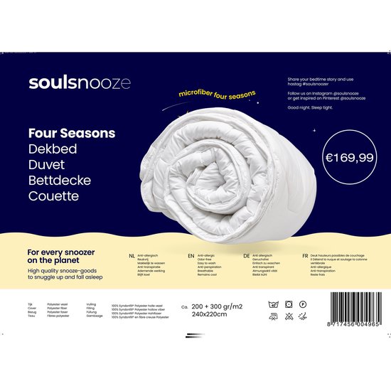 Soulsnooze - Luxe 4 Seizoenen Dekbed 240 x 220 - Hotel Kwaliteit - Anti Allergie - Zomerdekbed & Winterdekbed
