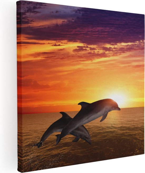 Artaza Canvas Schilderij Twee Dolfijnen bij de Zonsondergang - 50x50 - Foto Op Canvas - Canvas Print