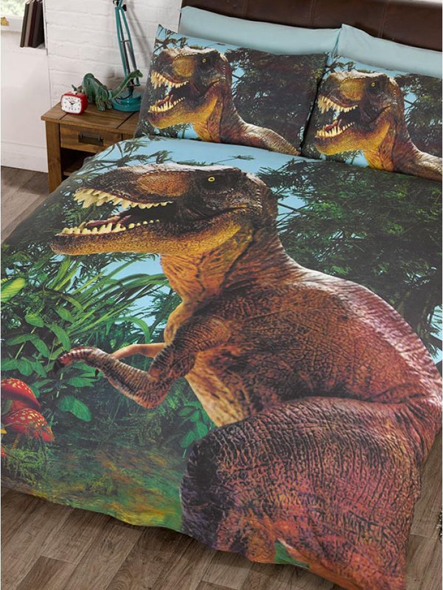 2-persoons jongens dekbedovertrek (dekbed hoes) ''Jurassic T-Rex'' groen / blauw met grote gevaarlijke dino / dinosaurus (dinosauriërs) in de natuur / bos / wildernis tweepersoons 200 x 200 cm (stoer beddengoed kinderkamer / jongens slaapkamer!)