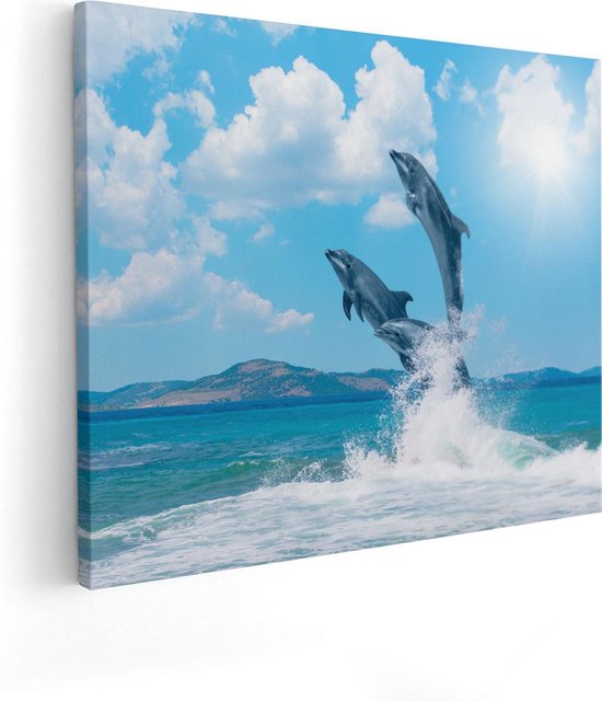 Artaza Canvas Schilderij Dolfijnen Springen uit het Water - 100x80 - Groot - Foto Op Canvas - Canvas Print
