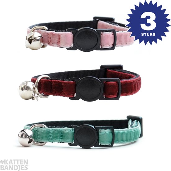 Kattenhalsband velvet | Halsband kat | Kattenband Velours | Kattenbandje velvet met veiligheidssluiting en belletje – 3-pack