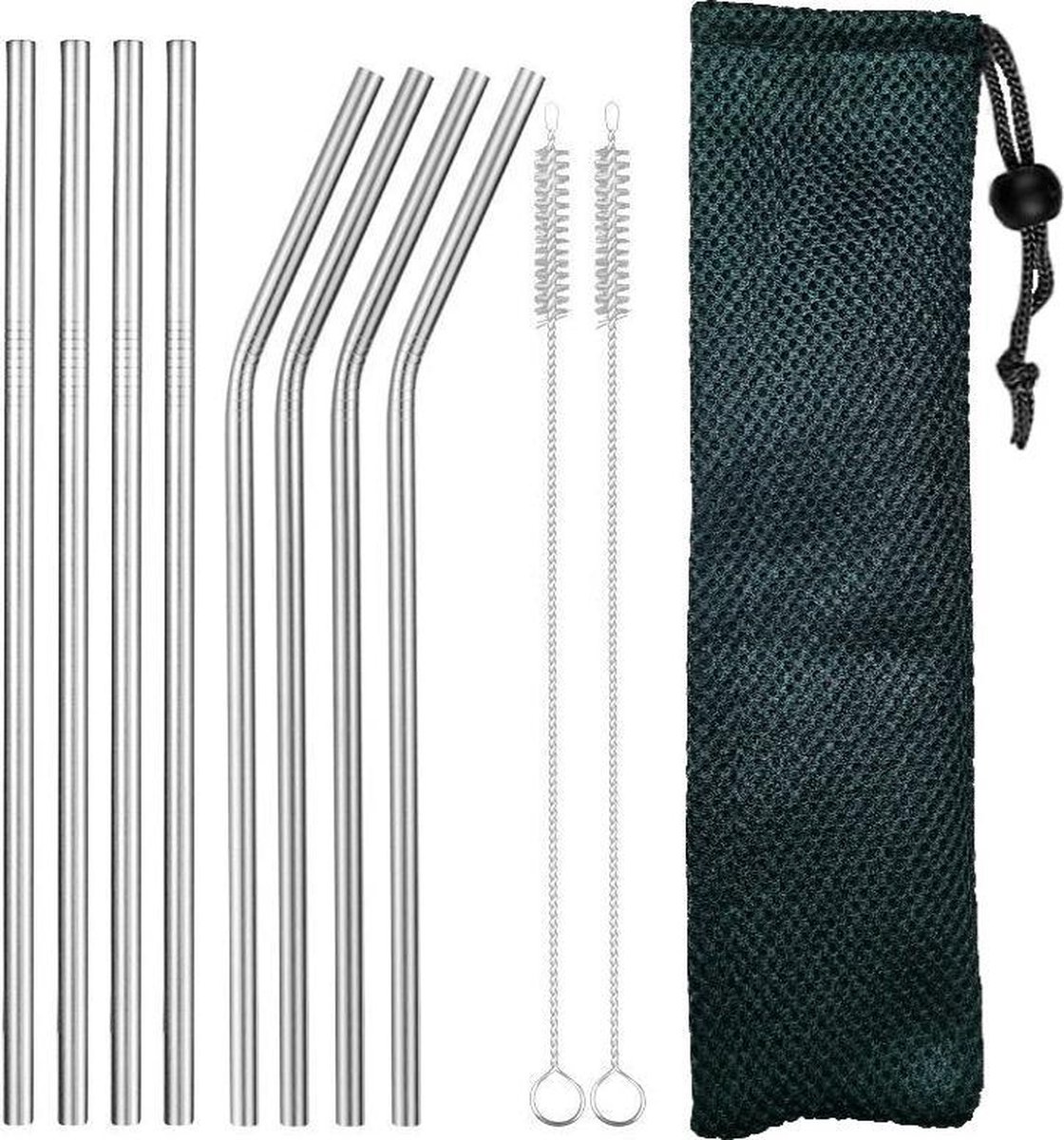 Fako Bijoux - RVS Rietjes Set - 8 Herbruikbare Rietjes - 4 Recht en 4 Gebogen - 21 cm - Duurzaam en Stijlvol - Incl 2 Schoonmaakborstels en Mesh Zakje - Army Groen