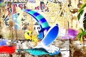 JJ-Art (Canvas) | Tweety, abstract streetart, woonkamer - slaapkamer - kinderkamer | Vogel, dier, kuiken, graffiti, popart, surfen, Looney Tunes, cartoon, modern | Foto-Schilderij print (wand