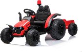 Tractor + Trailer Rood 12 volt Elektrische Kindertractor - Elektrische Kinderauto - Accu Auto Met Afstandsbediening - USB - Soft Start - Kunst Lederen Zitje