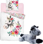 Dekbedovertrek Wit Paard bloemenkrans- 1 persoons- katoen- 140x200- Horse- dekbed meisjes- slaapkamer, incl. super zachte pluche paarden knuffel 32 cm grijs.