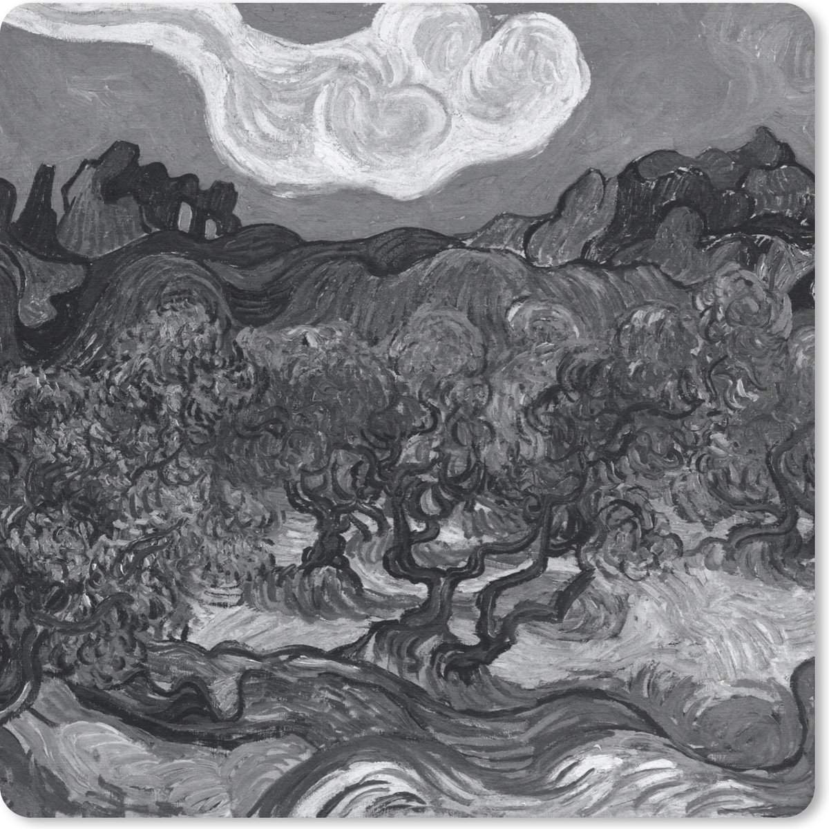 Muismat 30x30 cm - Mousepad Olijfbomen - Vincent van Gogh - Zwart - Wit - Muismatten