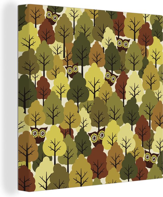 Canvas Schilderij Een illustratie van een herfstachtig bos met uilen - 20x20 cm - Wanddecoratie