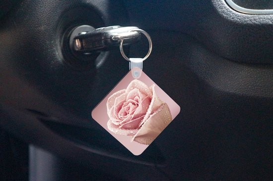 Porte-clés - Distribuer des cadeaux - Gouttes de rosée sur une seule rose rose - Plastique