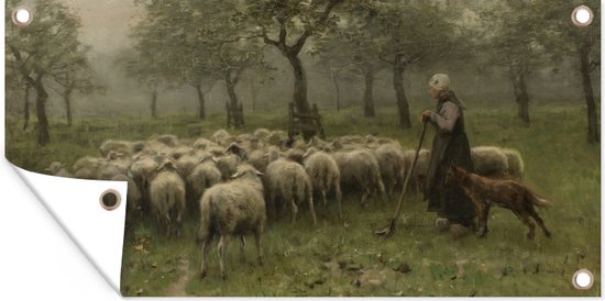Tuinposter Herderin met kudde schapen - Schilderij van Anton Mauve - 60x30 cm - Tuindoek - Buitenposter