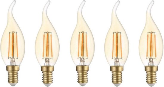 Bundel | 5 stuks | LED Filament kaarslamp met tip 4W Amber | Dimbaar | E14 | 2700K