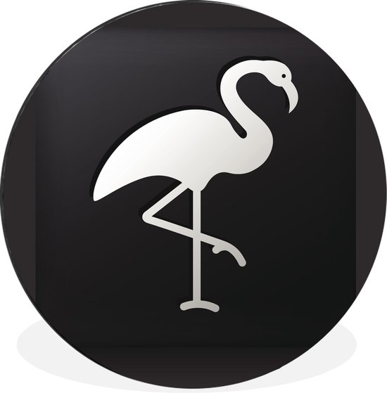 WallCircle - Wandcirkel - Muurcirkel - Een illustratie van een flamingo op een zwarte achtergrond - Aluminium - Dibond - ⌀ 90 cm - Binnen en Buiten