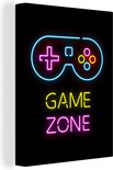 Toile avec une manette style néon et le texte 'GAME ZONE' en bleu, jaune et rose.