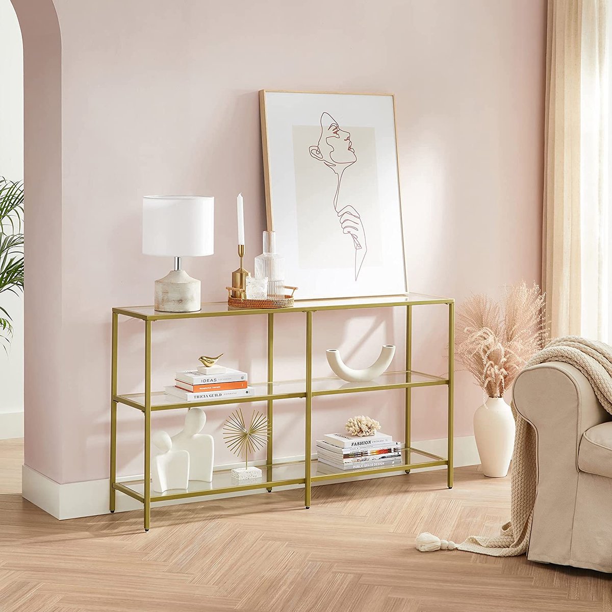 VASAGLE Consoletafel, tafeltje voor in de hal, aan het uiteinde van de bank, tafelblad van gehard glas, metalen frame, verstelbare poten, voor woonkamer, entree, gang, inktzwart en leigrijs LGT132B01 VASAGLE Consoletafel, tafeltje voor in de hal, aan het uiteinde van de bank, tafelblad van gehard glas, metalen frame, verstelbare poten, voor woonkamer, entree, gang, inktzwart en leigrijs LGT132B01