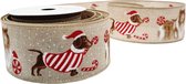 Kerst Lint met IJzerdraad | Jute Burlap Look Lint | Luxe Weefband 63mm (6,3cm) | Honden Kerstparade Candy Cane | Kerst Hond | Naturel Bruin Wit Rood Glitter | Cadeaulint | Lengte: