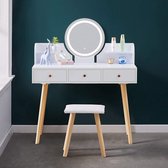 FURNIBELLA-Wit kaptafel met LED-verlichting Spiegel 3-lades ijdelheid opbergtafel met kruk Meisjes make-up dressoir Bureau voor slaapkamer Kleedkamer [Energieklasse A++]