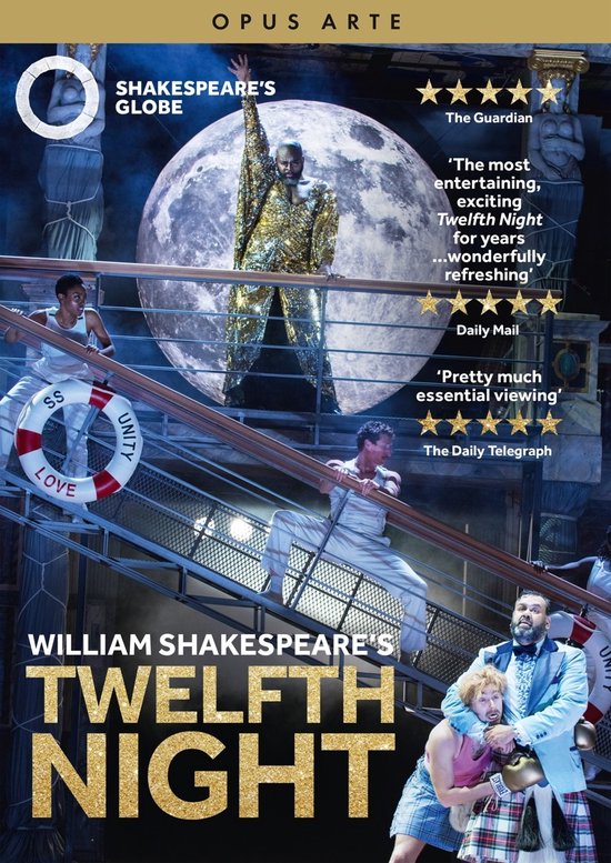 DVD hoes van William Shakespeare's Twelfth Night, met een scène met veel acteurs voor een maan.