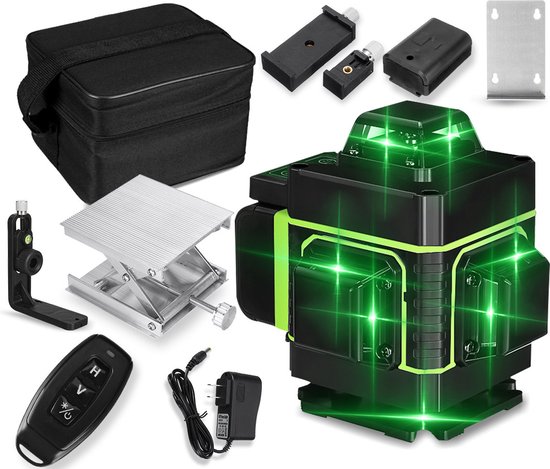 Laserlijn Kruislijnlaser - 16 Lijnen Groene Zelfnivellerende-360° Schakelbaar Horizontaal-Verticaal met magnetische draaibasis 1 lithium-ion batterij