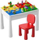 Verlengd Bouwtafel + Knikkerbaan 110 dlg. - Bouwtafel 61*42*50cm - Klassiek Rood & Blauw - Kindertafel （hoogte verstelbaar) + 2 Stoeltjes + 4 Bakjes + Bouwblokken - Blokkentafel - Speeltafel - Constructie Speelgoed - Geschikt voor Duplo Bouwste