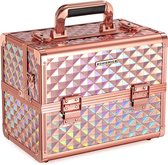 Beautycase, opbergruimte voor make-up, organizer voor op reis, voor kappers en visagisten, afsluitbare doos met draagriem - metallic rosé goud