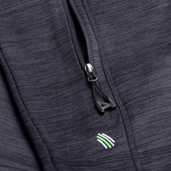 Donkergrijs gemêleerd werkvest met rits, geborduurde groene en witte strepen.