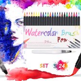 24 premium kleurrijke  aquarelpenseelpenmarkers - Watercolor Kwast Set  -aquarelmarkersset - flexibele nylon penseeltips - Incl. 1 hervulbare watermengborstel - Aquarelverfpennen -