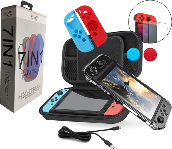 Playcorner Starterkit Accessoires Set met Case geschikt voor Nintendo Switch - Screenprotector - Hoes - Oplader - Zwarte Case