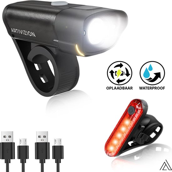 ARTIVIZION Led Fietsverlichting Set - Fietslamp - Voorlicht en Achterlicht - USB Oplaadbaar - Waterdicht Fietslicht - Fietslampjes - Zwart