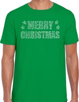 Glitter kerst t-shirt groen Merry Christmas glitter steentjes/ rhinestones   voor heren - Glitter kerst shirt/ outfit 2XL