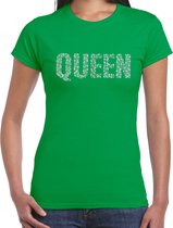 Glitter Queen t-shirt groen met steentjes/ rhinestones voor dames - Glitter kleding/ foute party outfit XS