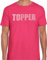 Glitter Topper t-shirt roze met steentjes/ rhinestones voor heren - Glitter kleding/ foute party outfit M