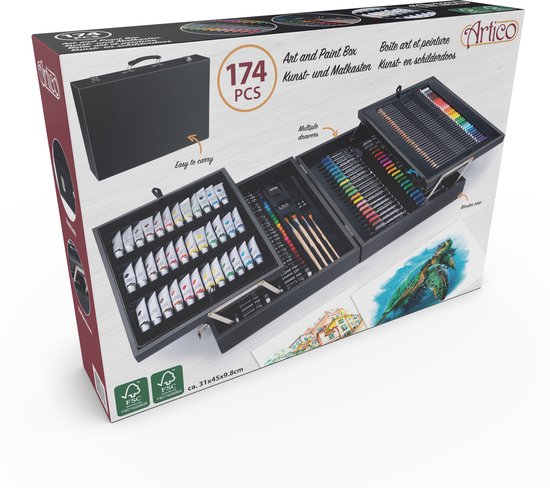 Coffret à dessin / peinture Artico 145 pièces - dans un coffret en bois -  aquarelle 